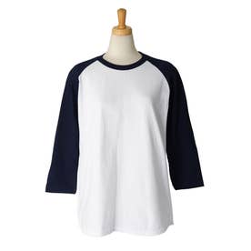 Tシャツ レディース  長袖 男女兼用 ティーシャツ 7分袖 tシャツ ロンt カットソー ラグラン （ホワイト×ネイビー）