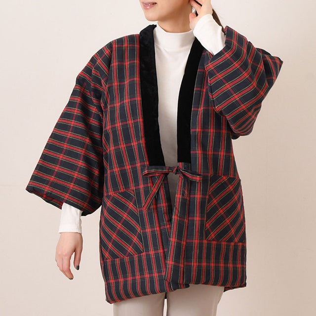 はんてん 羽織 レディース おしゃれ 半纏 半てん 半天 袢纏 防寒 冬 中綿 綿混 綿入り 綿入れ 暖かい 長袖 羽織り 部屋着 ゆったり どてら ちゃんちゃんこ ポケット 重ね着 （ブラックチェック）