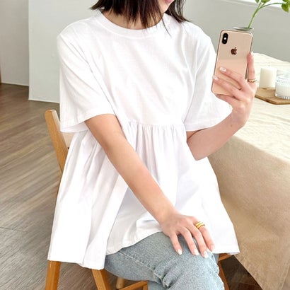 カットソー レディース 半袖 コットン 綿 トップス Tシャツ ゆったり ペプラム 異素材 フリル フレア 無地 おしゃれ 体型カバー 韓国 韓国ファッション チンチャコリア （ホワイト）｜詳細画像