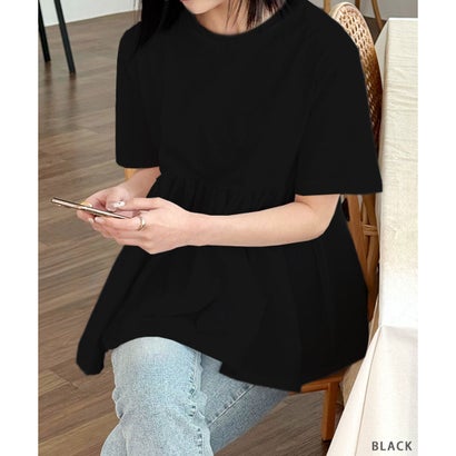 カットソー レディース 半袖 コットン 綿 トップス Tシャツ ゆったり ペプラム 異素材 フリル フレア 無地 おしゃれ 体型カバー 韓国 韓国ファッション チンチャコリア （ホワイト）｜詳細画像
