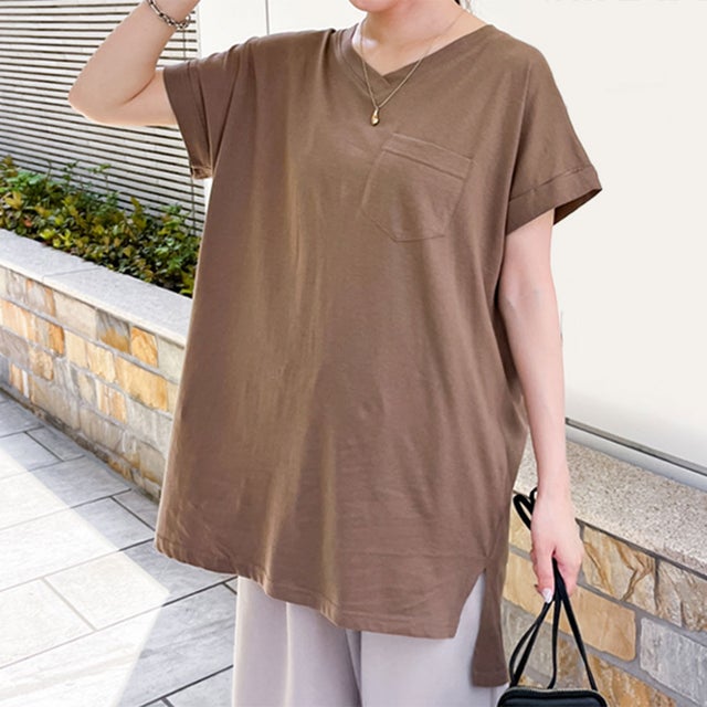 Tシャツ レディース 半袖 無地 涼しい 夏 綿100％ コットン Vネック トップス カットソー ゆったり 大きいサイズ 薄手 ドルマン （ブラウン）