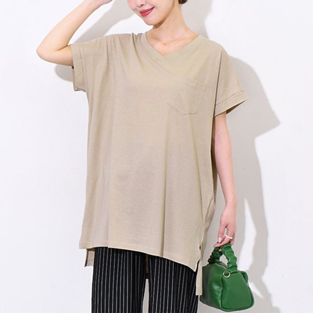 Tシャツ レディース 半袖 無地 涼しい 夏 綿100％ コットン Vネック トップス カットソー ゆったり 大きいサイズ 薄手 ドルマン （ベージュ）