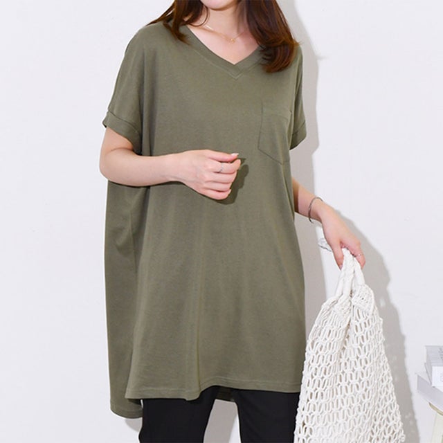 Tシャツ レディース 半袖 無地 涼しい 夏 綿100％ コットン Vネック トップス カットソー ゆったり 大きいサイズ 薄手 ドルマン （カーキ）