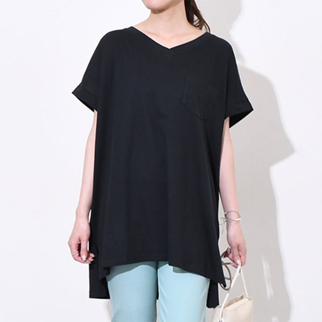 Tシャツ レディース 半袖 無地 涼しい 夏 綿100％ コットン Vネック トップス カットソー ゆったり 大きいサイズ 薄手 ドルマン （ブラック）