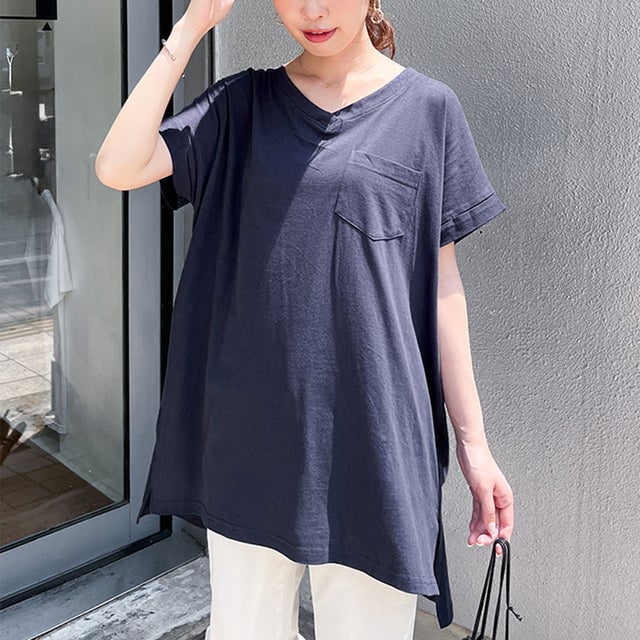 Tシャツ レディース 半袖 無地 涼しい 夏 綿100％ コットン Vネック トップス カットソー ゆったり 大きいサイズ 薄手 ドルマン （ネイビー）