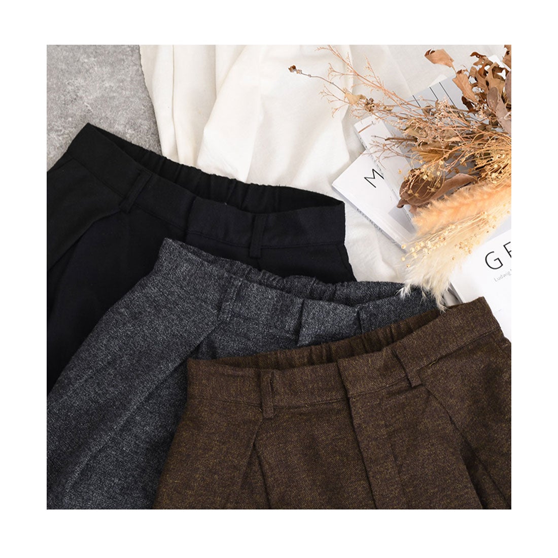 リアルスタイル REAL STYLE ワイドパンツ レディース 秋冬 きれいめ 丈長め 防寒 暖かい あったか ウールライク ハイウエスト ゆったり ボトムス おしゃれ タック チャコール -ファッション通販 FASHION WALKER