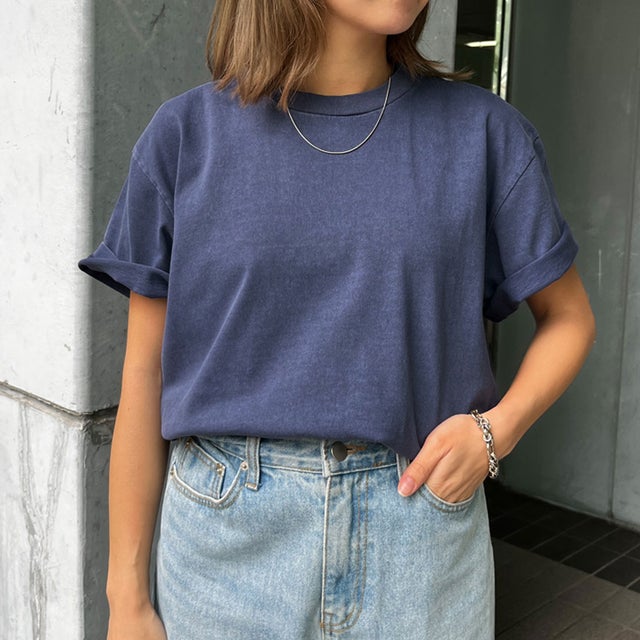 Tシャツ レディース メンズ 半袖 厚手 コットン 綿100％ 無地 大きいサイズ クルーネック 6.5オンス ヴィンテージ風 おしゃれ 肉厚 （ネイビー）