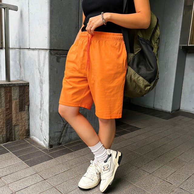 ハーフパンツ レディース メンズ 綿100％ ボトムス 半ズボン 短パン 大きいサイズ 膝丈 厚手 ポケット ヴィンテージ風 6.5オンス （オレンジ）