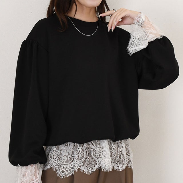 トレーナー レディース ドッキング レース 長袖 スウェット スエット 秋 冬 ゆったり 大きいサイズ レイヤード風 重ね着風 おしゃれ （ブラック(05)）