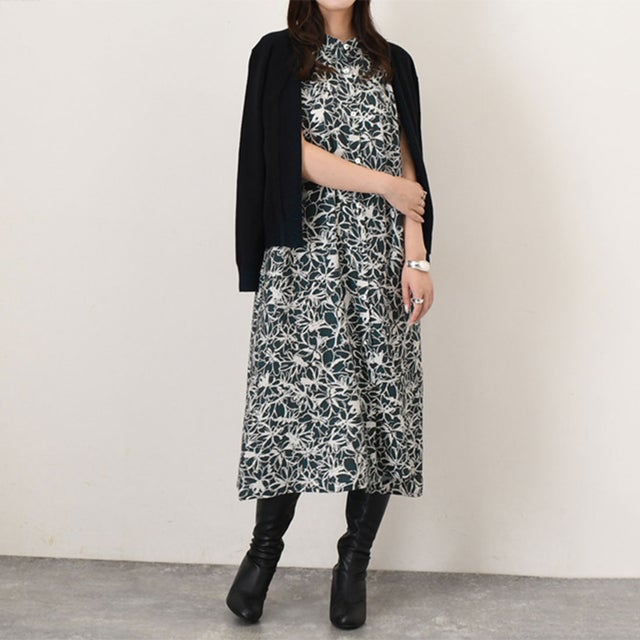ワンピース レディース ロング 花柄 秋 ゆったり 羽織り ジレ 薄手 ノースリーブ 袖なし Aライン おしゃれ きれいめ 立ち襟 前開き （ダークグリーン）