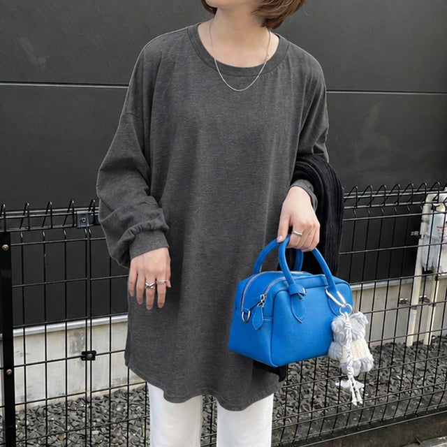 カットソー レディース トップス 長袖 ゆったり 大きいサイズ 綿100％ コットン ボリューム袖 ロンT チュニック 無地 体型カバー （チャコールグレー）