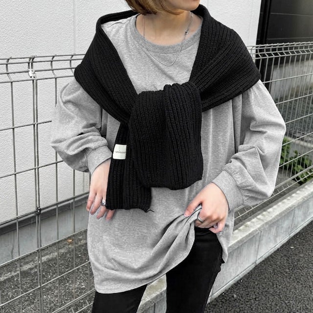 カットソー レディース トップス 長袖 ゆったり 大きいサイズ 綿100％ コットン ボリューム袖 ロンT チュニック 無地 体型カバー （グレー）