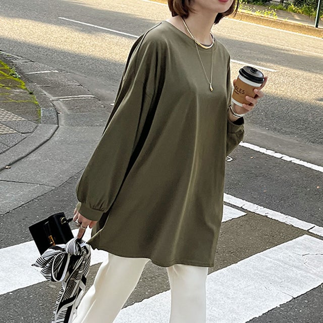 カットソー レディース トップス 長袖 ゆったり 大きいサイズ 綿100％ コットン ボリューム袖 ロンT チュニック 無地 体型カバー （カーキ）