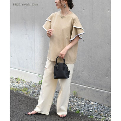 カットソー レディース 半袖 夏 30代 40代 Tシャツ 体型カバー 二の腕隠し おしゃれ かわいい フリル フレア 大人 韓国 無地 韓国ファッション チンチャコリア （ホワイト）｜詳細画像