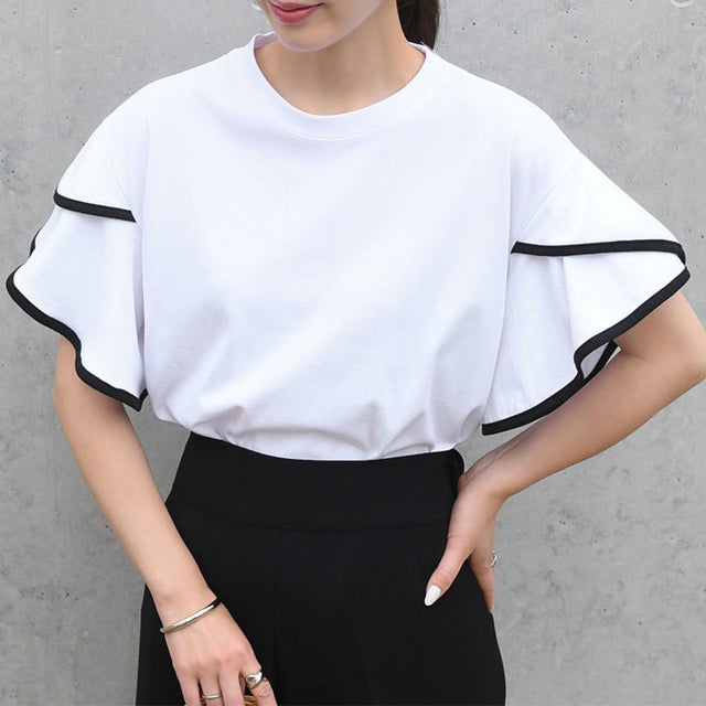 カットソー レディース 半袖 夏 30代 40代 Tシャツ 体型カバー 二の腕隠し おしゃれ かわいい フリル フレア 大人 韓国 無地 韓国ファッション チンチャコリア （ホワイト）