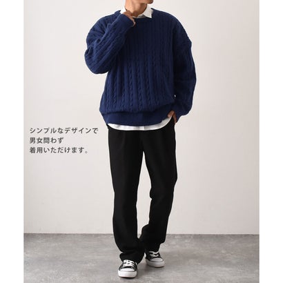リアルスタイル REAL STYLE ケーブルニット レディース 長袖 ボリューム オーバーサイズ セーター 秋 冬 体型カバー おしゃれ クルーネック ゆったり 厚手 韓国風 （ネイビー）｜詳細画像