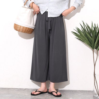 ガウチョパンツ レディース ワイドパンツ ひんやり 冷感 薄手 涼しい 速乾 クロップド丈 ズボン ウエストゴム 伸縮 夏 リラックス 無地 韓国ファッション チンチャコリア （チャコール）｜詳細画像