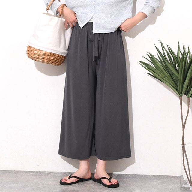 ガウチョパンツ レディース ワイドパンツ ひんやり 冷感 薄手 涼しい 速乾 クロップド丈 ズボン ウエストゴム 伸縮 夏 リラックス 無地 韓国ファッション チンチャコリア （チャコール）