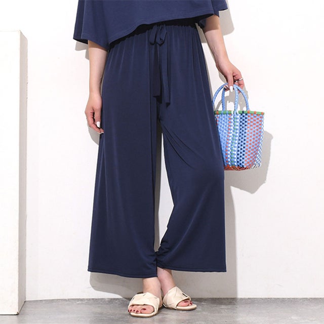 ガウチョパンツ レディース ワイドパンツ ひんやり 冷感 薄手 涼しい 速乾 クロップド丈 ズボン ウエストゴム 伸縮 夏 リラックス 無地 韓国ファッション チンチャコリア （ネイビー）