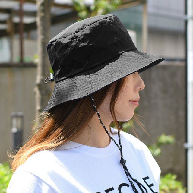 サファリハット メンズ レディース 大きい UV 撥水 帽子 バケットハット おしゃれ アウトドア つば広 あご紐 折りたたみ パッカブル （ブラック）