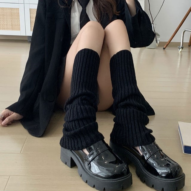 レッグウォーマー レッグカバー レディース ルーズソックス風 リブ編み 冬 暖かい あったか おしゃれ かわいい シンプル 韓国 高校生 黒 白 靴下 足 脚 （ブラック）
