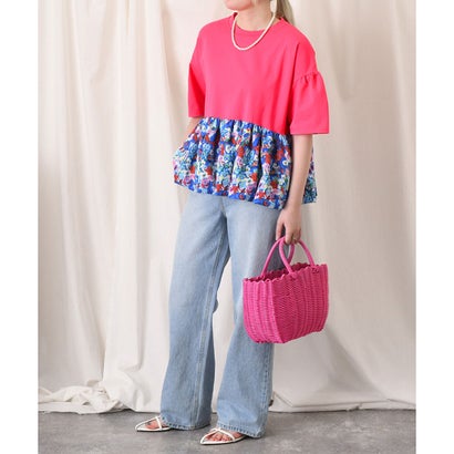 カットソー レディース 夏 半袖 薄手 涼しい 大きめ 柔らかい 花柄 切替 ストレッチ ワイド Tシャツ おしゃれ 可愛い トップス ラフ （ベージュ）｜詳細画像