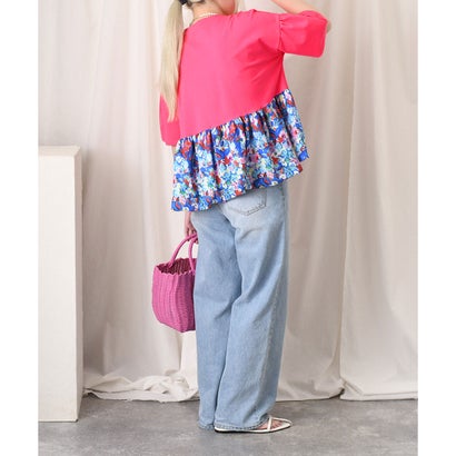 カットソー レディース 夏 半袖 薄手 涼しい 大きめ 柔らかい 花柄 切替 ストレッチ ワイド Tシャツ おしゃれ 可愛い トップス ラフ （ベージュ）｜詳細画像