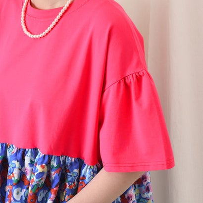 カットソー レディース 夏 半袖 薄手 涼しい 大きめ 柔らかい 花柄 切替 ストレッチ ワイド Tシャツ おしゃれ 可愛い トップス ラフ （ベージュ）｜詳細画像