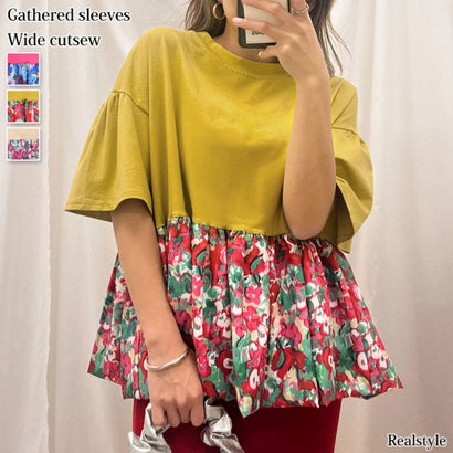 カットソー レディース 夏 半袖 薄手 涼しい 大きめ 柔らかい 花柄 切替 ストレッチ ワイド Tシャツ おしゃれ 可愛い トップス ラフ （ベージュ）｜詳細画像