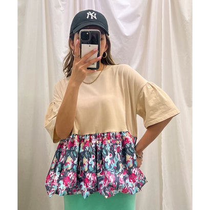 カットソー レディース 夏 半袖 薄手 涼しい 大きめ 柔らかい 花柄 切替 ストレッチ ワイド Tシャツ おしゃれ 可愛い トップス ラフ （ベージュ）｜詳細画像