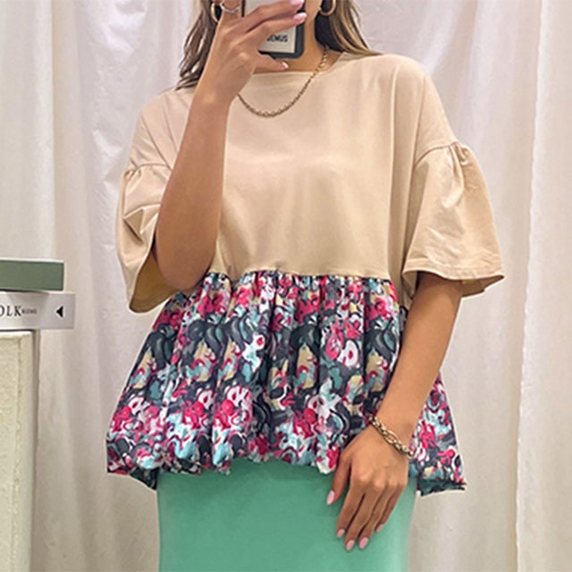 カットソー レディース 夏 半袖 薄手 涼しい 大きめ 柔らかい 花柄 切替 ストレッチ ワイド Tシャツ おしゃれ 可愛い トップス ラフ （ベージュ）