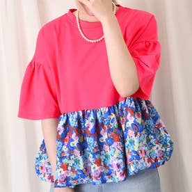 カットソー レディース 夏 半袖 薄手 涼しい 大きめ 柔らかい 花柄 切替 ストレッチ ワイド Tシャツ おしゃれ 可愛い トップス ラフ （ピンク）