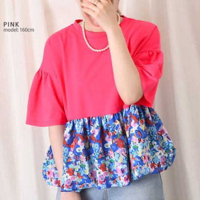 カットソー レディース 夏 半袖 薄手 涼しい 大きめ 柔らかい 花柄 切替 ストレッチ ワイド Tシャツ おしゃれ 可愛い トップス ラフ （マスタード）｜詳細画像
