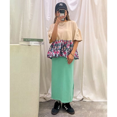 カットソー レディース 夏 半袖 薄手 涼しい 大きめ 柔らかい 花柄 切替 ストレッチ ワイド Tシャツ おしゃれ 可愛い トップス ラフ （マスタード）｜詳細画像