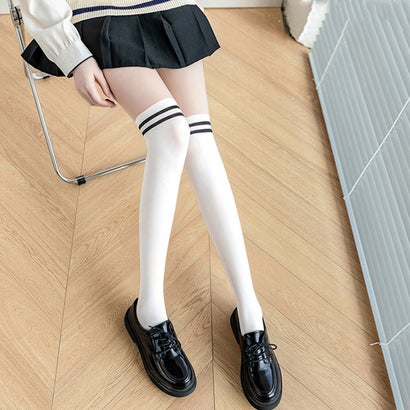 リアルスタイル REAL STYLE ストッキング フェイク ニーハイ ソックス風 レッグウェア インナー パンスト タイツ 通学 学校 ストレッチ 伸縮性 おしゃれ レディース （ハイソックス×ホワイト）｜詳細画像