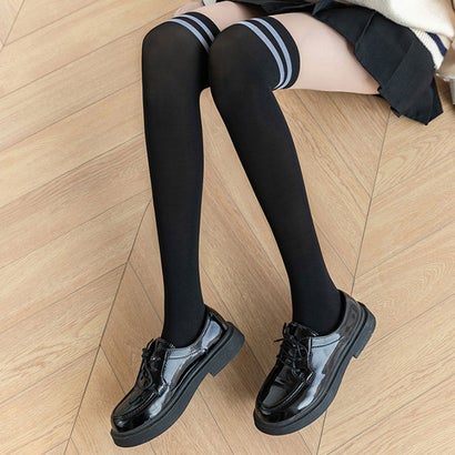 リアルスタイル REAL STYLE ストッキング フェイク ニーハイ ソックス風 レッグウェア インナー パンスト タイツ 通学 学校 ストレッチ 伸縮性 おしゃれ レディース （ハイソックス×ブラック）｜詳細画像