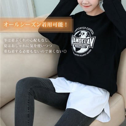 リアルスタイル REAL STYLE 付け裾 つけ裾 レイヤード シャツ ラウンド レディース ウエストゴム 重ね着風 体系カバー 裾出し すそ フェイク スリット おしゃれ 白 （ブラック）｜詳細画像