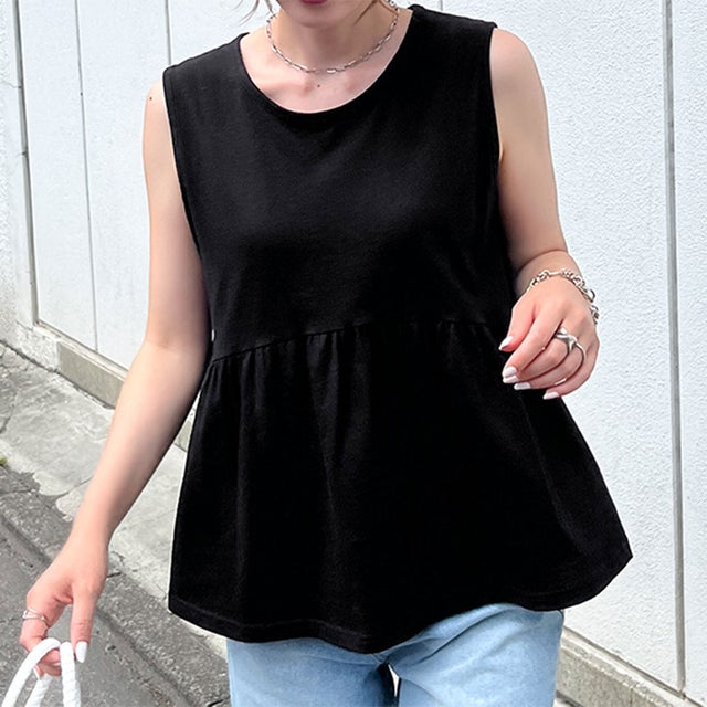 カットソー レディース ノースリーブ ペプラム 薄手 涼しい 無地 コットン 綿 タンクトップ かわいい おしゃれ 通勤 オフィス 夏 韓国ファッション チンチャコリア （ブラック）