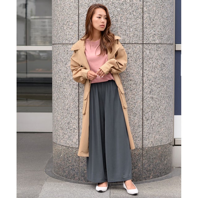 リラックスゆるテロワイドパンツ レディース ボトムス ガウチョパンツ 無地 サラてろ 七分丈 7分丈 ロング丈 （チャコール）