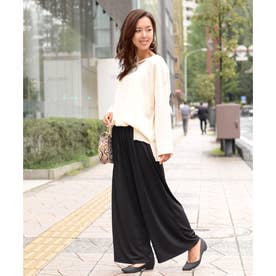リラックスゆるテロワイドパンツ レディース ボトムス ガウチョパンツ 無地 サラてろ 七分丈 7分丈 ロング丈 （ブラック）