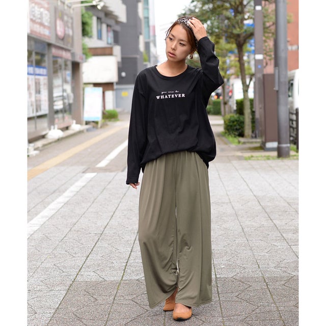 リラックスゆるテロワイドパンツ レディース ボトムス ガウチョパンツ 無地 サラてろ 七分丈 7分丈 ロング丈 （カーキ）