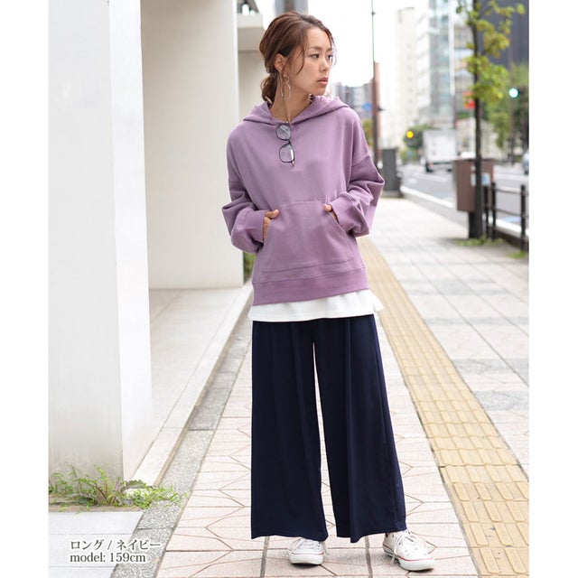 リラックスゆるテロワイドパンツ レディース ボトムス ガウチョパンツ 無地 サラてろ 七分丈 7分丈 ロング丈 （ネイビー）
