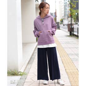 リラックスゆるテロワイドパンツ レディース ボトムス ガウチョパンツ 無地 サラてろ 七分丈 7分丈 ロング丈 （ネイビー）