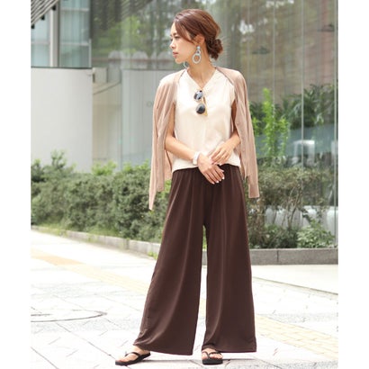 リラックスゆるテロワイドパンツ レディース ボトムス ガウチョパンツ 無地 サラてろ 七分丈 7分丈 ロング丈 （ダークブラウン）｜詳細画像