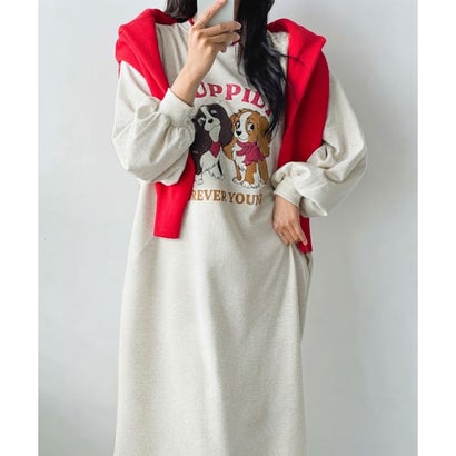 ワンピース レディース 長袖 薄手 秋 冬 スウェット マキシ丈 ロング丈 ゆったり スリット 犬 ドッグ ロゴ プリント 膝下 スエット 韓国ファッション チンチャコリア （チャコール）｜詳細画像