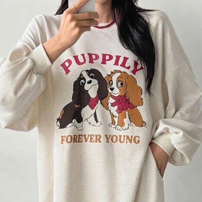 ワンピース レディース 長袖 薄手 秋 冬 スウェット マキシ丈 ロング丈 ゆったり スリット 犬 ドッグ ロゴ プリント 膝下 スエット 韓国ファッション チンチャコリア （チャコール）｜詳細画像