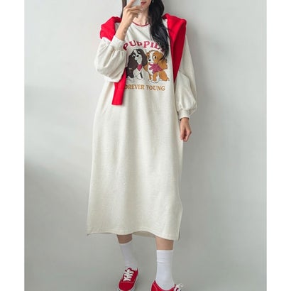 ワンピース レディース 長袖 薄手 秋 冬 スウェット マキシ丈 ロング丈 ゆったり スリット 犬 ドッグ ロゴ プリント 膝下 スエット 韓国ファッション チンチャコリア （チャコール）｜詳細画像