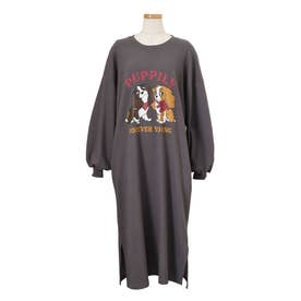 ワンピース レディース 長袖 薄手 秋 冬 スウェット マキシ丈 ロング丈 ゆったり スリット 犬 ドッグ ロゴ プリント 膝下 スエット 韓国ファッション チンチャコリア （チャコール）