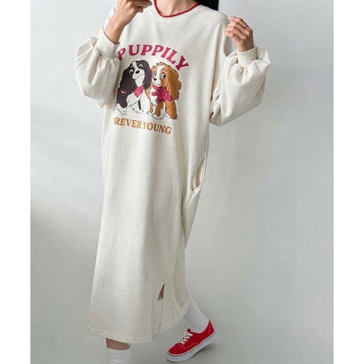 ワンピース レディース 長袖 薄手 秋 冬 スウェット マキシ丈 ロング丈 ゆったり スリット 犬 ドッグ ロゴ プリント 膝下 スエット 韓国ファッション チンチャコリア （オートミール）｜詳細画像