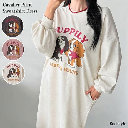 ワンピース レディース 長袖 薄手 秋 冬 スウェット マキシ丈 ロング丈 ゆったり スリット 犬 ドッグ ロゴ プリント 膝下 スエット 韓国ファッション チンチャコリア （オートミール）｜詳細画像